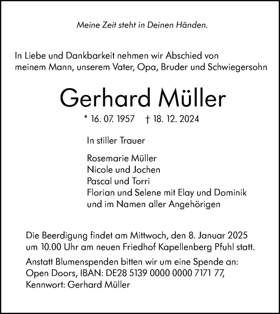 Traueranzeige von Gerhard Müller von SÜDWEST PRESSE Ausgabe Ulm/Neu-Ulm