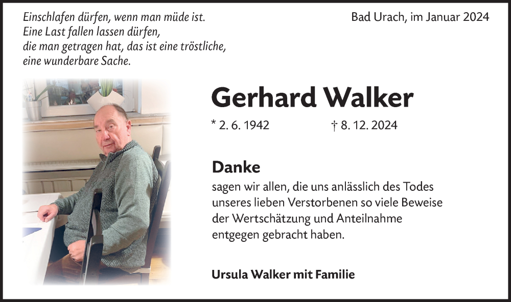  Traueranzeige für Gerhard Walker vom 03.01.2025 aus Alb-Bote/Metzinger-Uracher Volksblatt