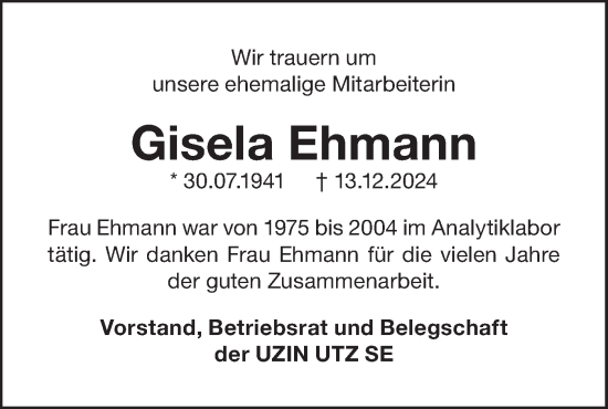 Traueranzeige von Gisela Ehmann von SÜDWEST PRESSE Ausgabe Ulm/Neu-Ulm