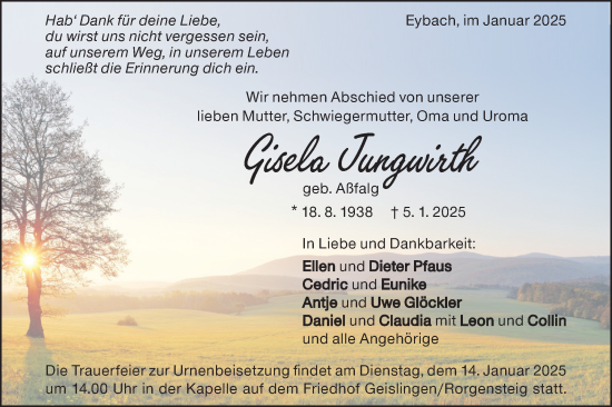 Traueranzeige von Gisela Jungwirth von Geislinger Zeitung