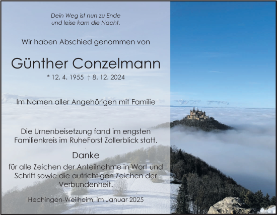 Traueranzeige von Günther Conzelmann von SÜDWEST PRESSE Zollernalbkreis/Hohenzollerische Zeitung