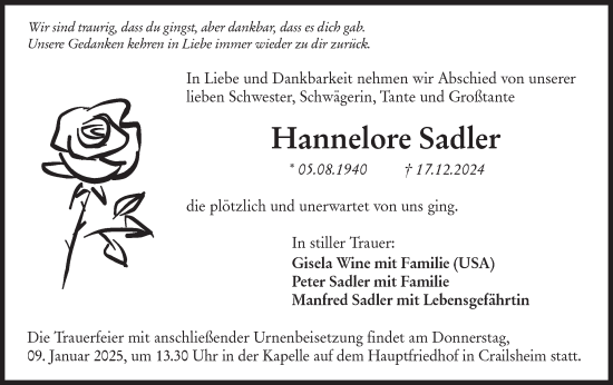 Traueranzeige von Hannelore Sadler von Hohenloher Tagblatt