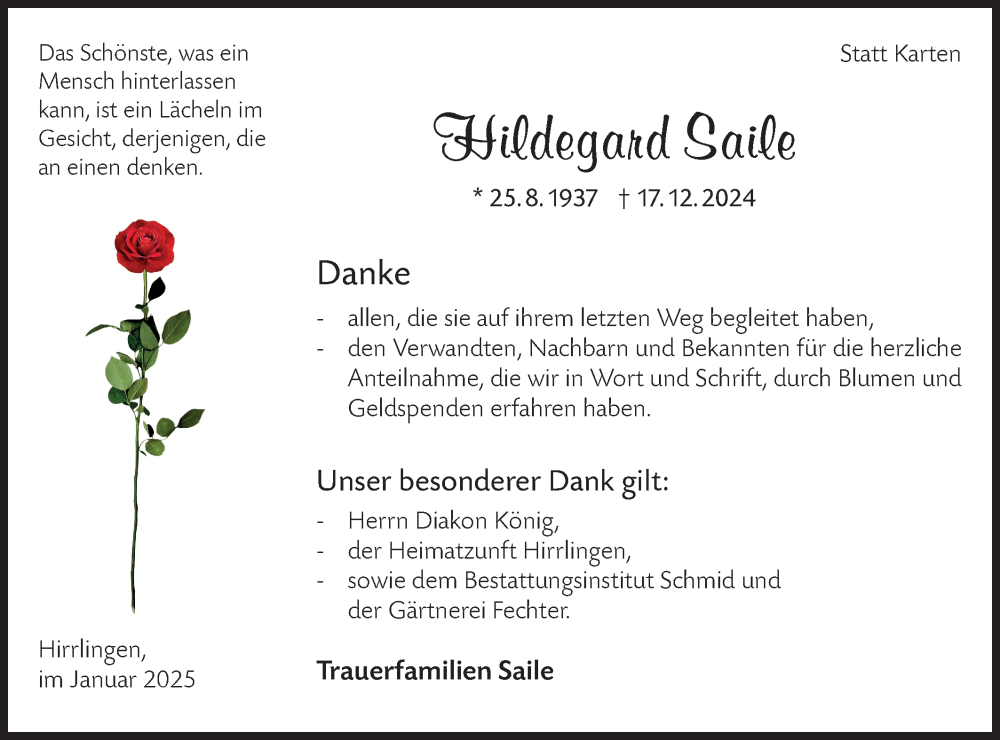 Traueranzeige für Hildegard Saile vom 04.01.2025 aus SÜDWEST PRESSE Zollernalbkreis/Hohenzollerische Zeitung