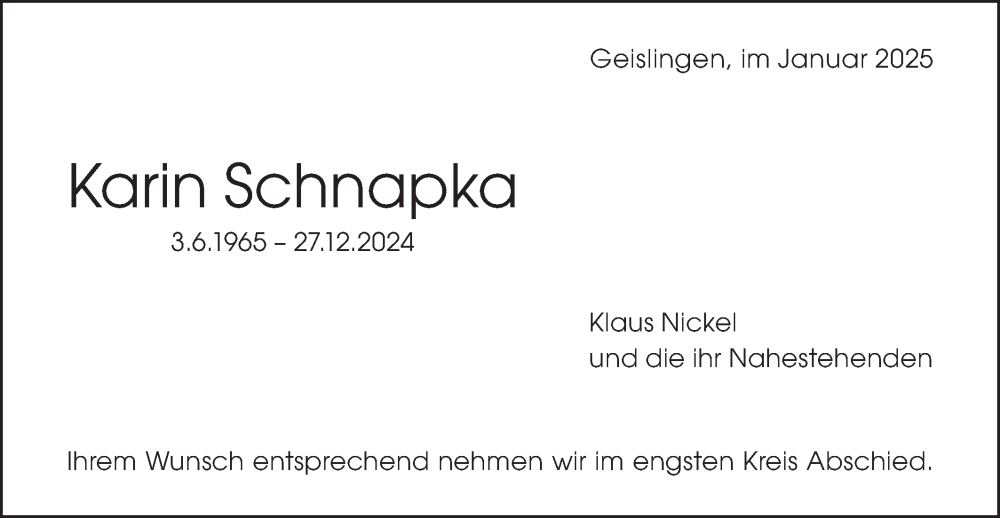  Traueranzeige für Karin Schnapka vom 04.01.2025 aus Geislinger Zeitung