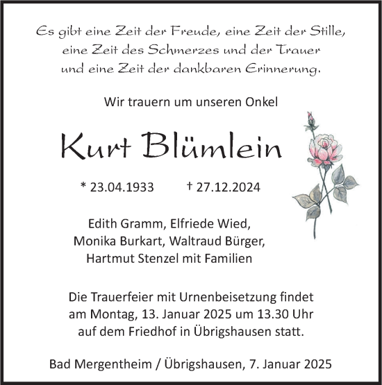 Traueranzeige von Kurt Blümlein von Haller Tagblatt