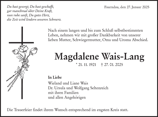 Traueranzeige von Magdalene Wais-Lang von NWZ Neue Württembergische Zeitung