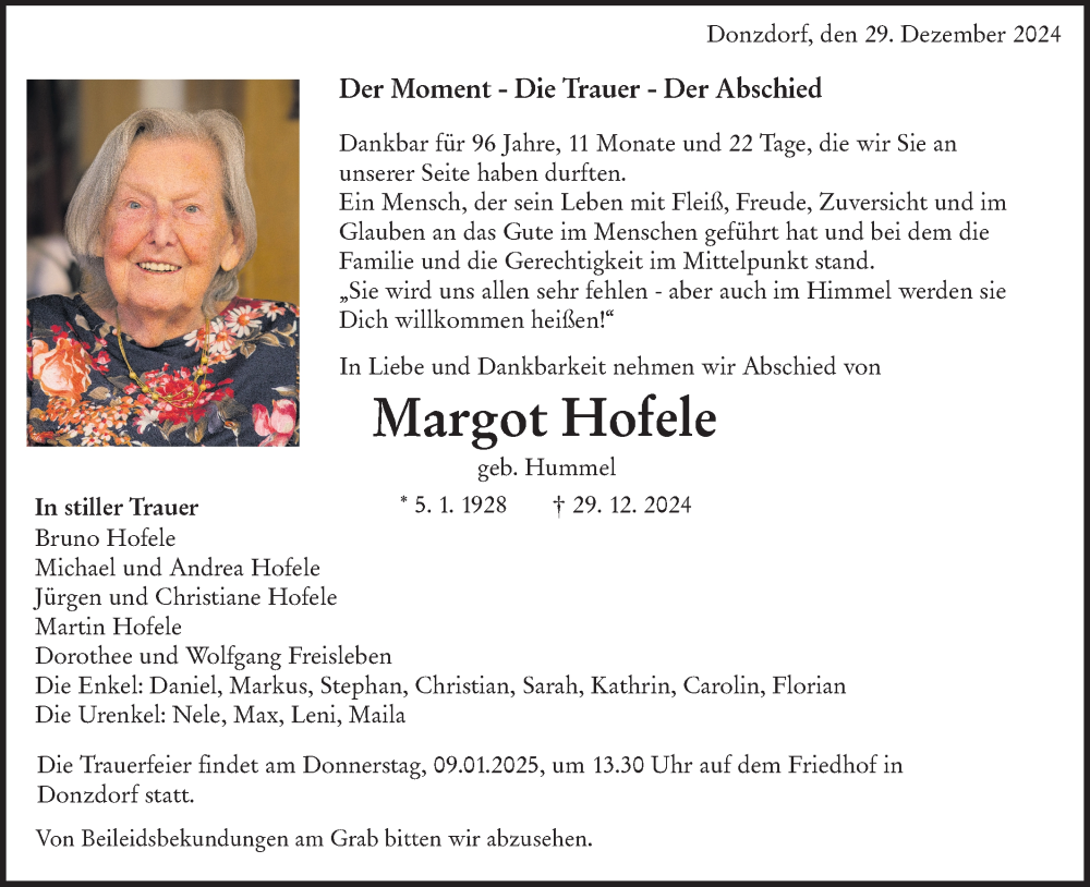  Traueranzeige für Margot Hofele vom 04.01.2025 aus NWZ Neue Württembergische Zeitung