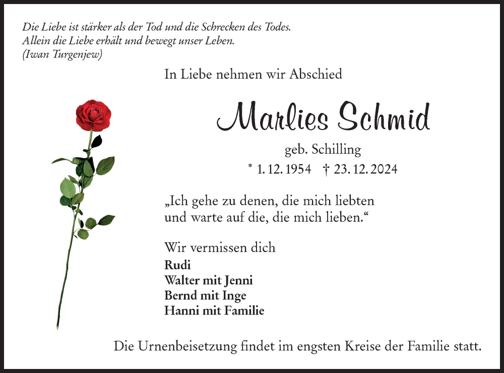  Traueranzeige für Marlies Schmid vom 04.01.2025 aus SÜDWEST PRESSE Zollernalbkreis/Hohenzollerische Zeitung