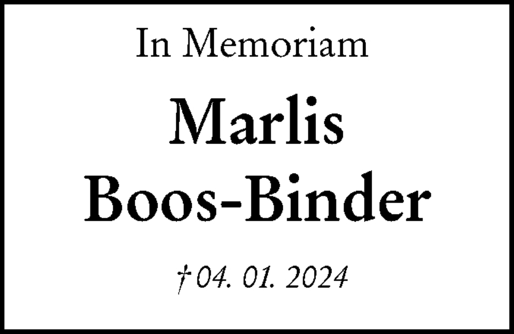  Traueranzeige für Marlis Boos-Binder vom 04.01.2025 aus Schwäbische Tagblatt