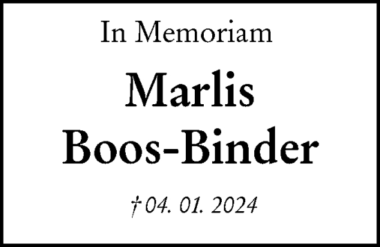 Traueranzeige von Marlis Boos-Binder von Schwäbische Tagblatt