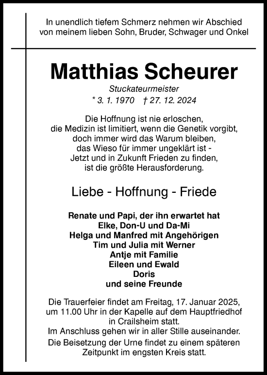 Traueranzeige von Matthias Scheurer von Hohenloher Tagblatt
