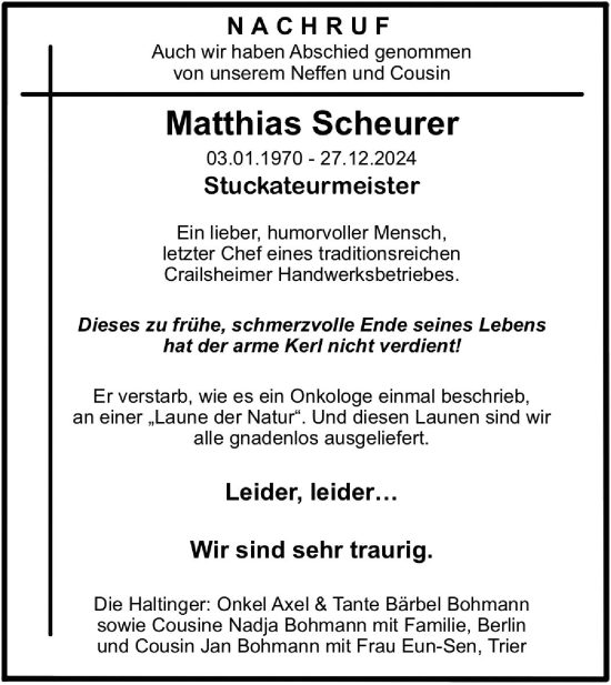 Traueranzeige von Matthias Scheurer von Hohenloher Tagblatt