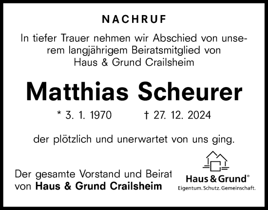 Traueranzeige von Matthias Scheurer von Hohenloher Tagblatt