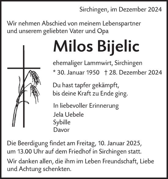 Traueranzeige von Milos Bijelic von Alb-Bote/Metzinger-Uracher Volksblatt