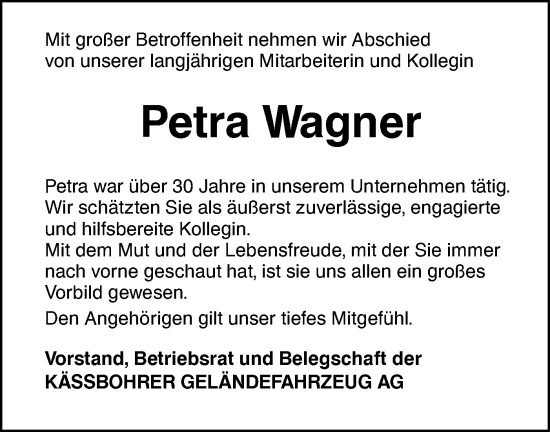 Traueranzeige von Petra Wagner von SÜDWEST PRESSE Ausgabe Ulm/Neu-Ulm