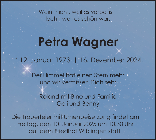 Traueranzeige von Petra Wagner von SÜDWEST PRESSE Ausgabe Ulm/Neu-Ulm