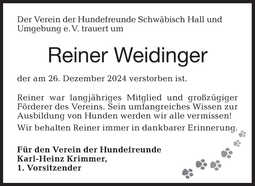  Traueranzeige für Reiner Weidinger vom 03.01.2025 aus Haller Tagblatt