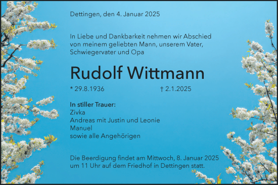 Traueranzeige von Rudolf Wittmann von Alb-Bote/Metzinger-Uracher Volksblatt