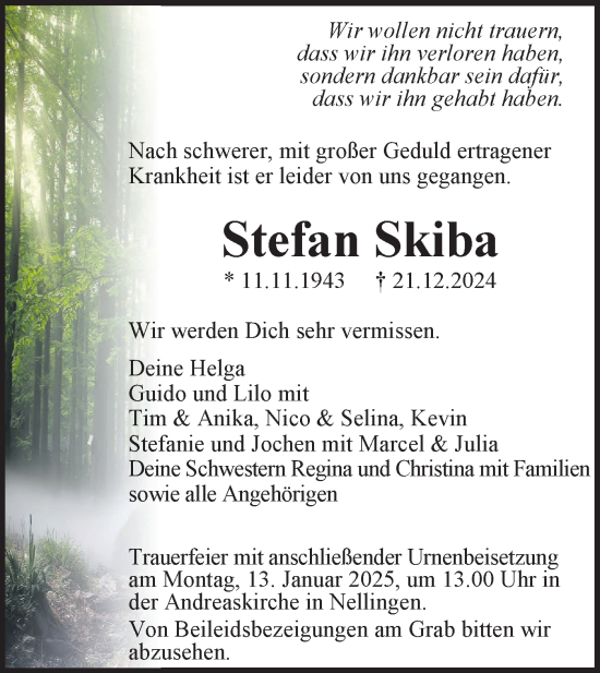 Traueranzeige von Stefan Skiba von SÜDWEST PRESSE Ausgabe Ulm/Neu-Ulm