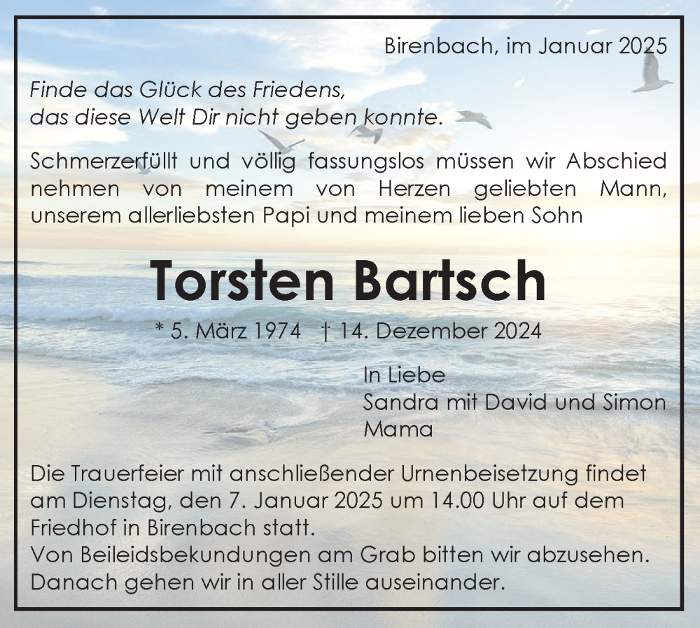  Traueranzeige für Torsten Bartsch vom 04.01.2025 aus NWZ Neue Württembergische Zeitung