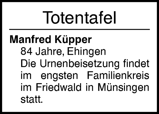 Traueranzeige von Totentafel vom 04.01.2025 von Ehinger Tagblatt