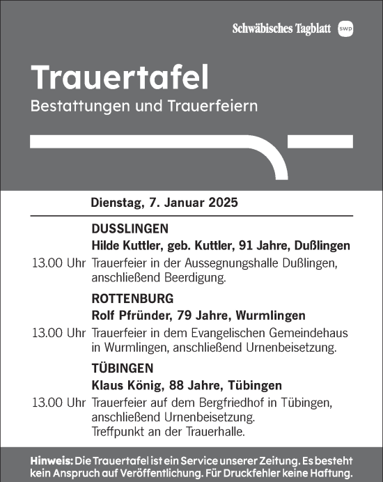 Traueranzeige von Totentafel vom 07.01.2025 von Schwäbische Tagblatt