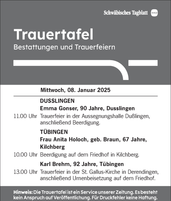 Traueranzeige von Trauertafel vom 08.01.2025 von Schwäbische Tagblatt