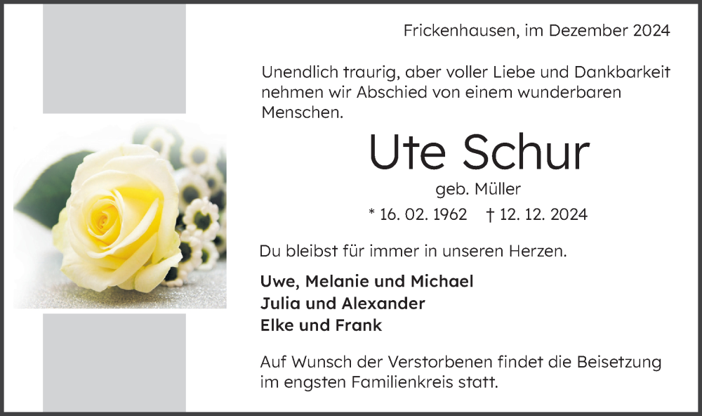  Traueranzeige für Ute Schur vom 03.01.2025 aus Alb-Bote/Metzinger-Uracher Volksblatt