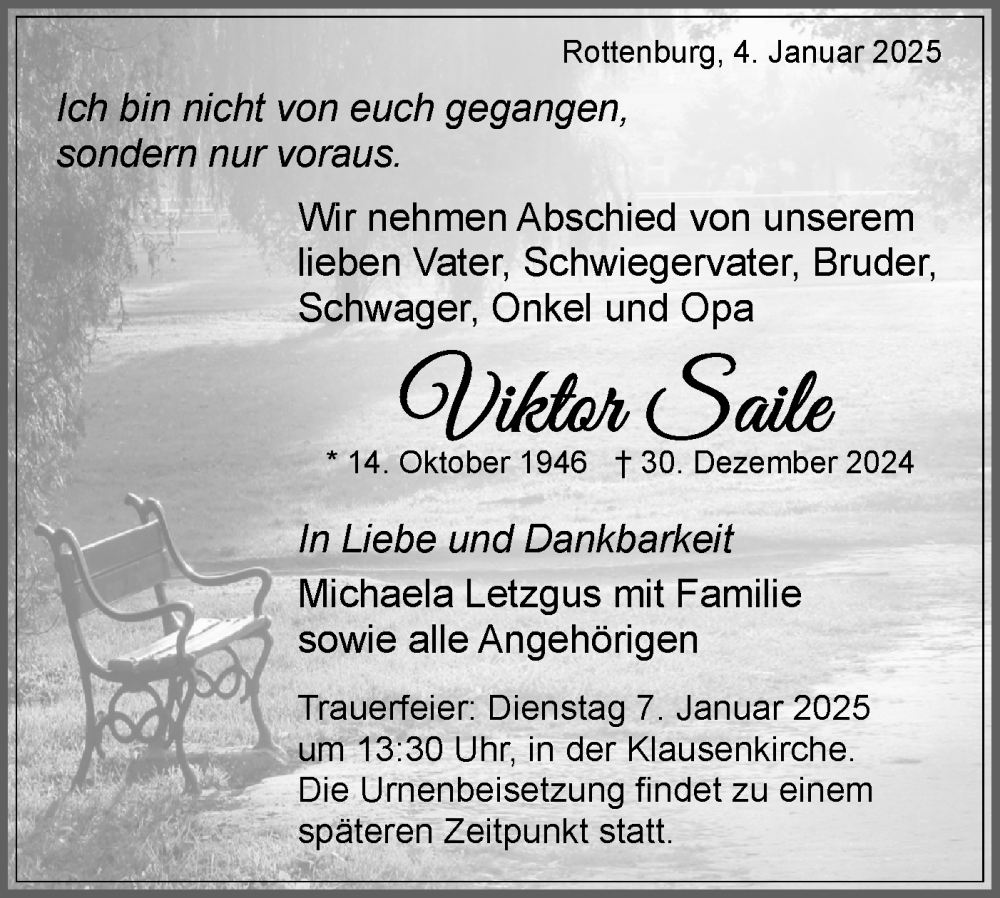  Traueranzeige für Viktor Saile vom 04.01.2025 aus Schwäbische Tagblatt