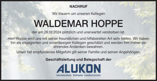 Traueranzeige von Waldemar Hoppe von SÜDWEST PRESSE Zollernalbkreis/Hohenzollerische Zeitung