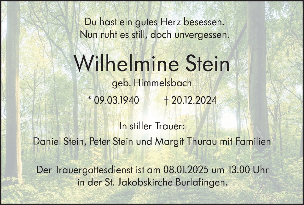  Traueranzeige für Wilhelmine Stein vom 04.01.2025 aus SÜDWEST PRESSE Ausgabe Ulm/Neu-Ulm