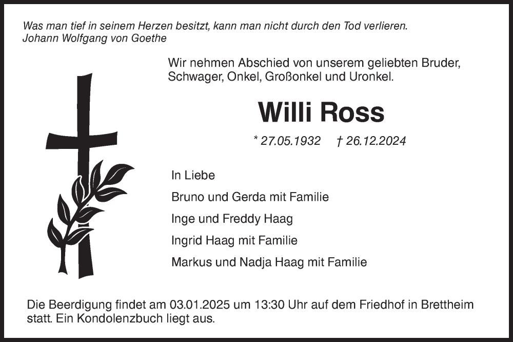  Traueranzeige für Willi Ross vom 31.12.2024 aus Hohenloher Tagblatt