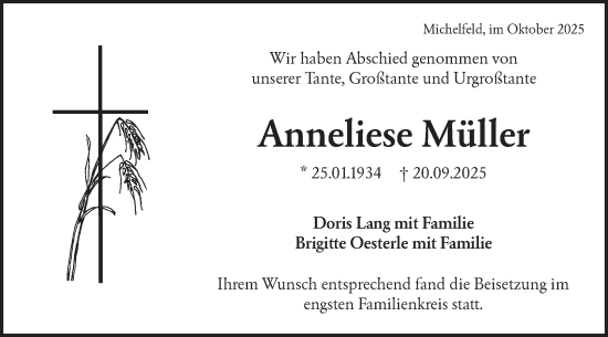 Traueranzeige von Anneliese Müller von Haller Tagblatt