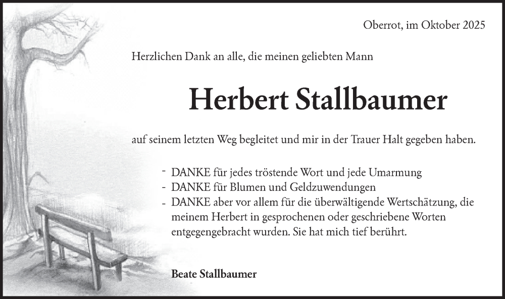  Traueranzeige für Herbert Stallbaumer vom 06.10.2025 aus Rundschau Gaildorf