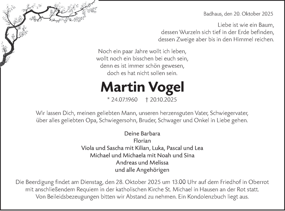  Traueranzeige für Martin Vogel vom 24.10.2025 aus Rundschau Gaildorf/Haller Tagblatt