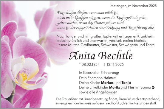 Traueranzeige von Anita Bechtle von Alb-Bote/Metzinger-Uracher Volksblatt