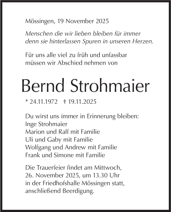 Traueranzeige von Bernd Strohmaier von Schwäbische Tagblatt