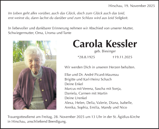 Traueranzeige von Carola Kessler von Schwäbische Tagblatt