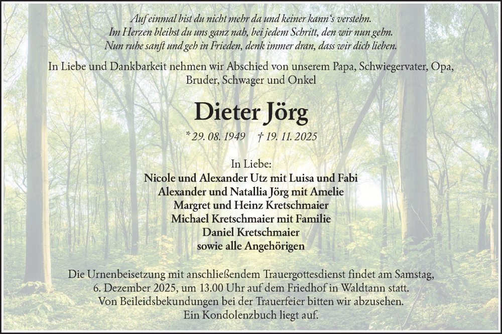  Traueranzeige für Dieter Jörg vom 29.11.2025 aus Hohenloher Tagblatt
