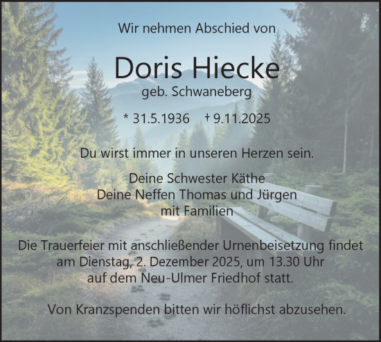 Traueranzeige von Doris Hiecke von SÜDWEST PRESSE Ausgabe Ulm/Neu-Ulm