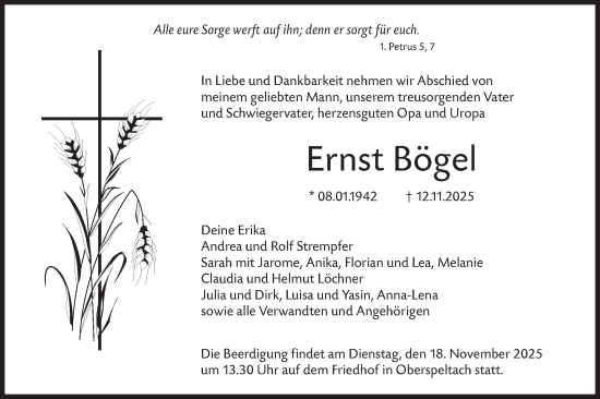 Traueranzeige von Ernst Bögel von Hohenloher Tagblatt
