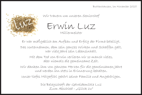 Traueranzeige von Erwin Luz von Alb-Bote/Metzinger-Uracher Volksblatt