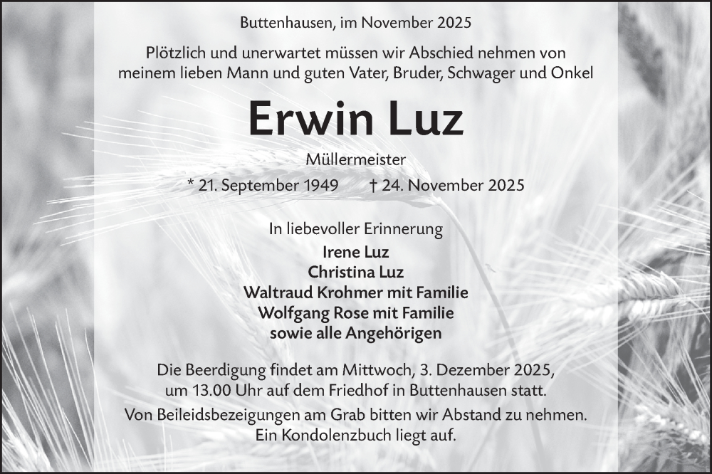  Traueranzeige für Erwin Luz vom 29.11.2025 aus Alb-Bote/Metzinger-Uracher Volksblatt