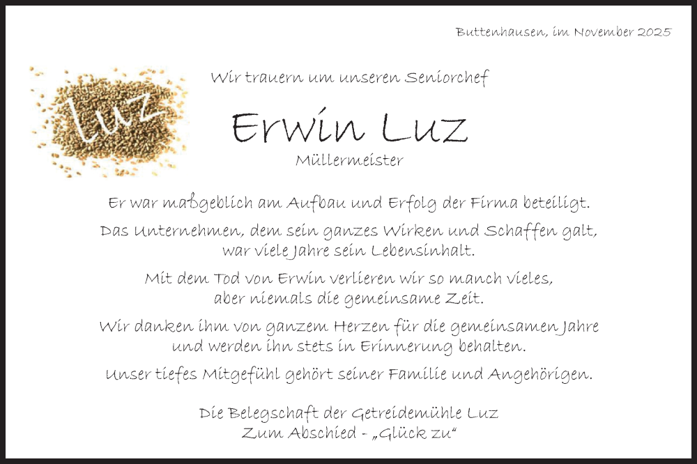  Traueranzeige für Erwin Luz vom 29.11.2025 aus Alb-Bote/Metzinger-Uracher Volksblatt