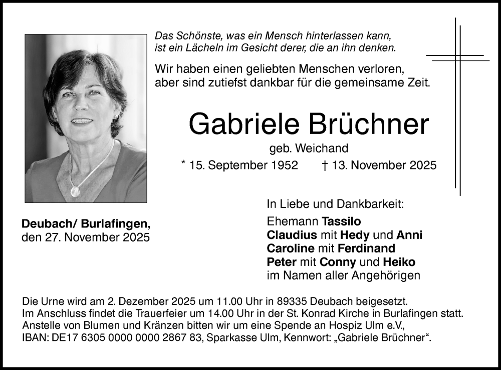 Traueranzeige für Gabriele Brüchner vom 27.11.2025 aus SÜDWEST PRESSE Ausgabe Ulm/Neu-Ulm