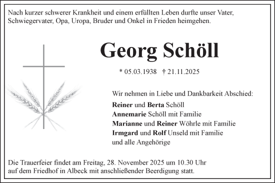 Traueranzeige von Georg Schöll von SÜDWEST PRESSE Ausgabe Ulm/Neu-Ulm