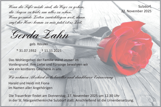 Traueranzeige von Gerda Zahn von Haller Tagblatt