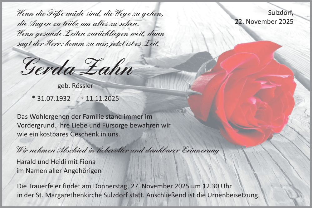  Traueranzeige für Gerda Zahn vom 22.11.2025 aus Haller Tagblatt