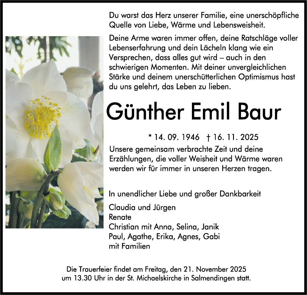  Traueranzeige für Günther Emil Baur vom 19.11.2025 aus SÜDWEST PRESSE Zollernalbkreis/Hohenzollerische Zeitung