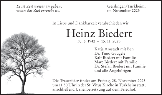 Traueranzeige von Heinz Biedert von Geislinger Zeitung